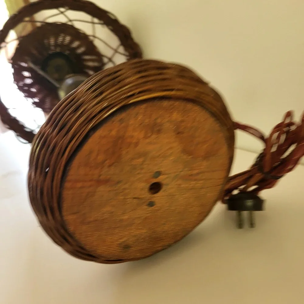 Antique Vintage Art Deco Mushroom Wicker Table Lamp Woven Rattan Brown 18